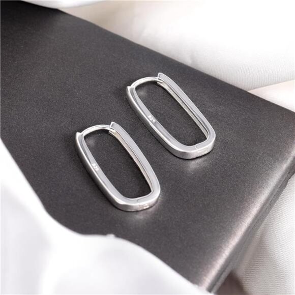 925 Sterling Silver Rectangle Hoop Earrings for Women Silver Geometric - Picture 6 of 7